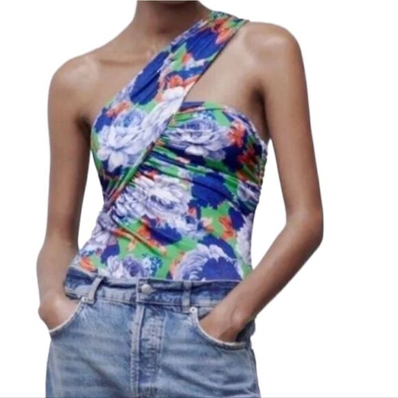 Zara Blue and Green Floral Asymmetrical Bodysuit size  Medium NWT - Picture 1 of 10
